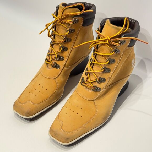 Timberland Wheat Nubuck Leather Wedge Heel Ankle Boot Square Toe Women Size 7.5M - Picture 9 of 14